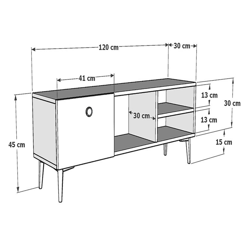 Croquis coté Meuble TV Nannestad à porte avec espace de rangement 45 x 120 x 30 cm [en.casa]