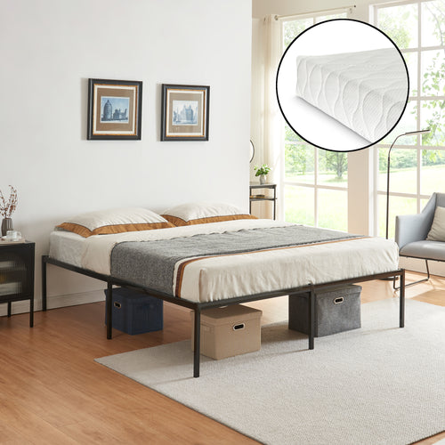 Lit en métal Vårdö avec matelas acier noir [en.casa]