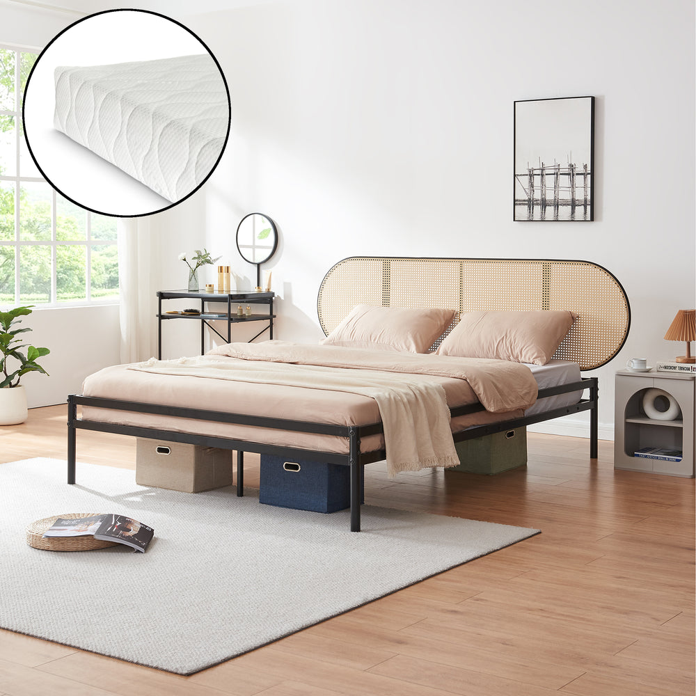 Lit en métal Linköping avec tête de lit ovale et matelas noir / effet rotin [en.casa]
