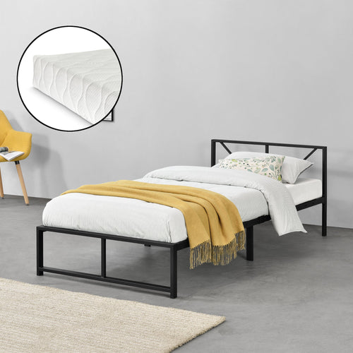 Cadre de Lit Simple Meran Métal Matelas Noir [neu.haus] [en.casa]