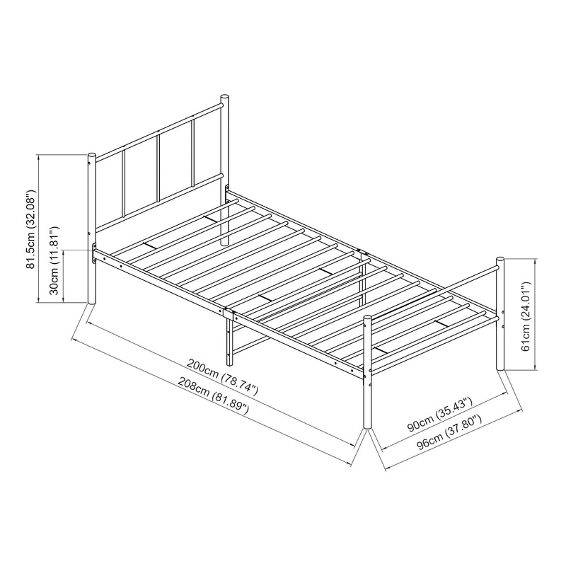 Croquis coté Cadre de Lit Laos avec Matelas et Sommier à Lattes 90,120,140 cm Noir [en.casa]
