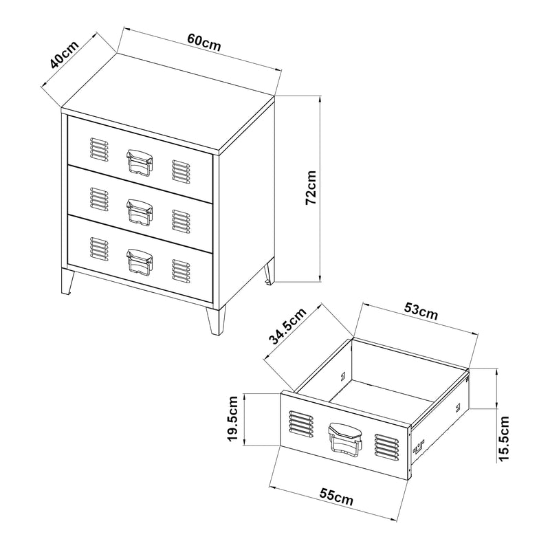 Croquis coté Commode métallique Hämeenlinna acier 72 x 60 x 40 cm [en.casa]