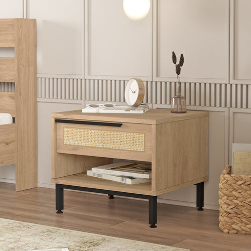 Table de chevet Kvænangen 43x54x45 cm aspect chêne/rotin [en.casa] - premiumXL