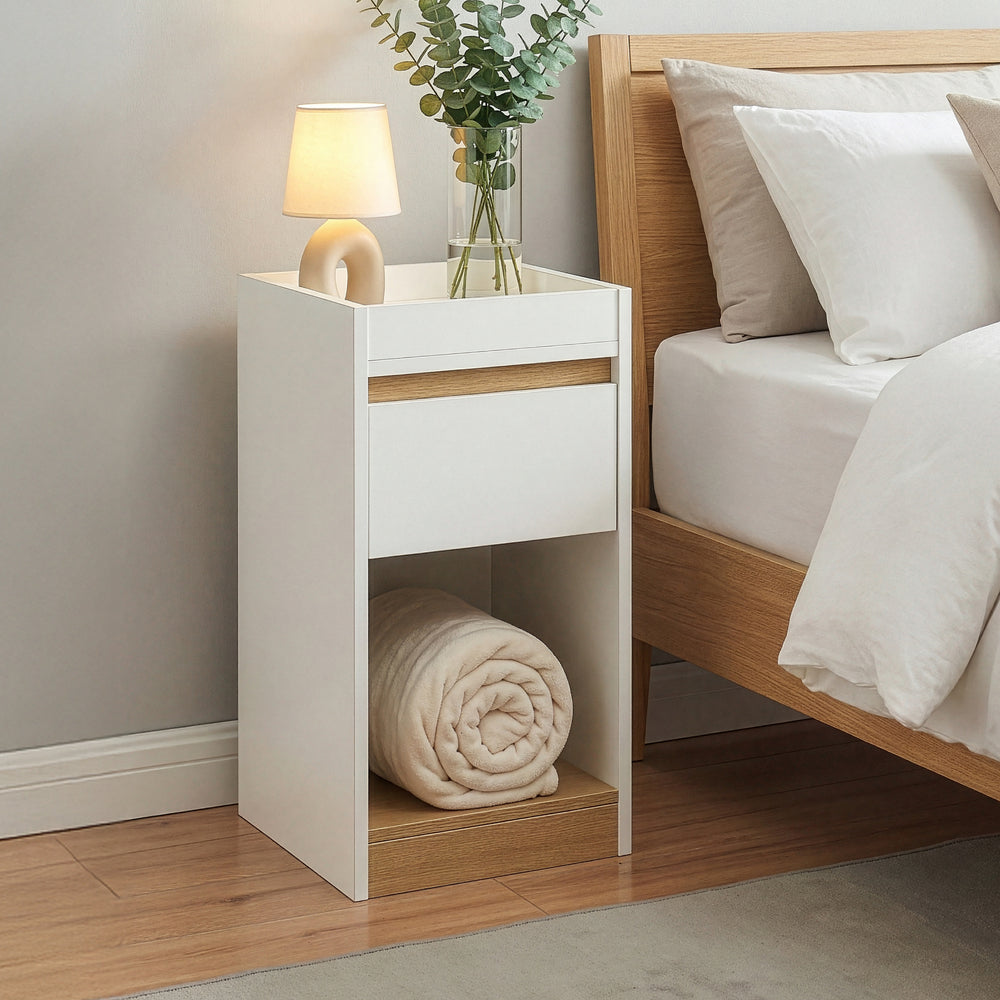 Table de chevet Lure 55x30x35 cm Blanc/Aspect chêne [en.casa]