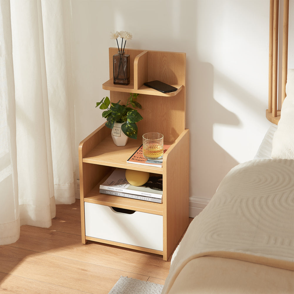 Table de chevet Bordkak avec étagère 75x35x30 cm aspect chêne/blanc [en.casa]