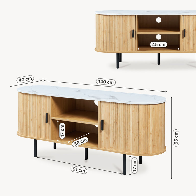 Croquis coté Meuble TV Tvedestrand bamboo 140 x 40 x 55 cm [en.casa]
