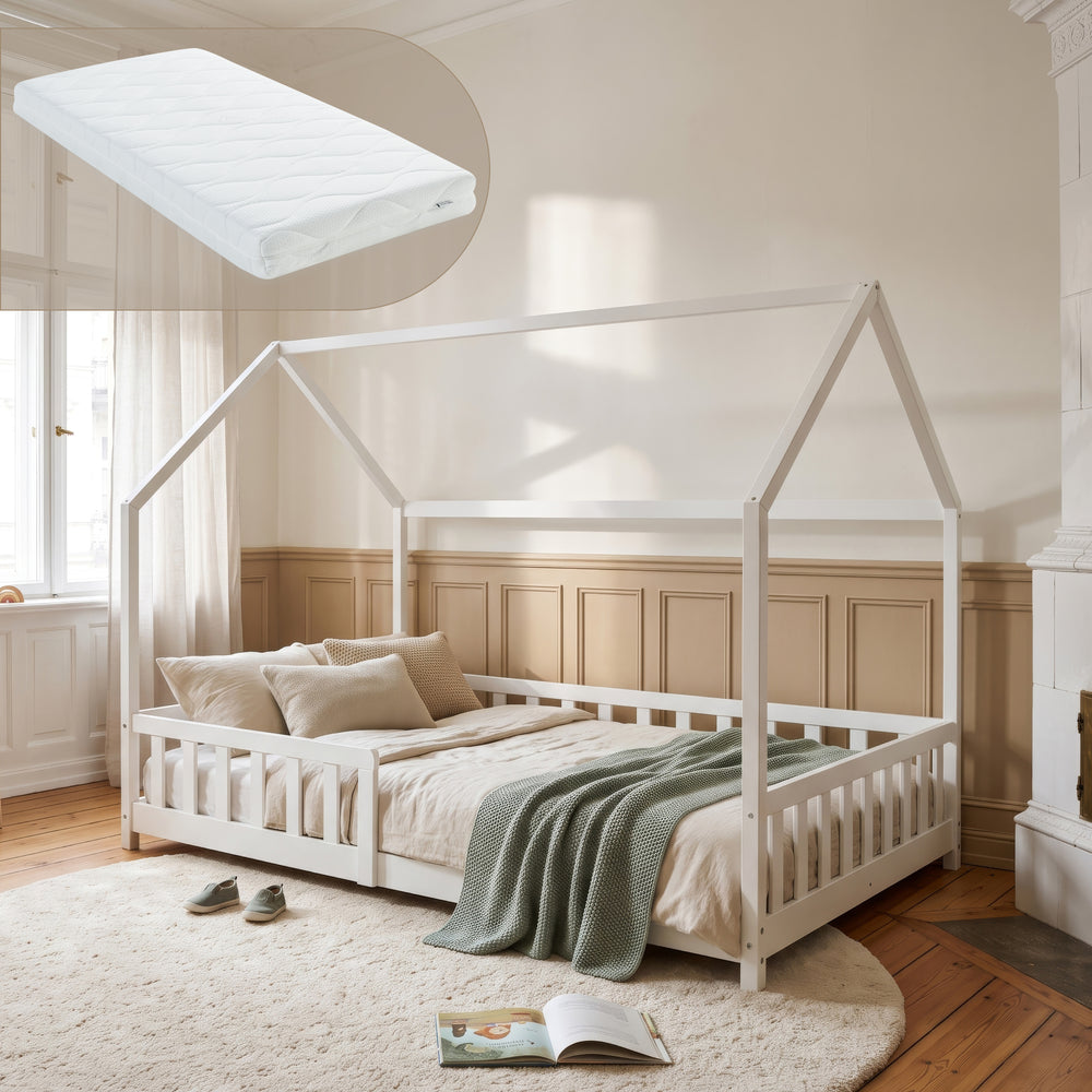 Lit cabane Hesel avec matelas à mousse froid blanc [en.casa]