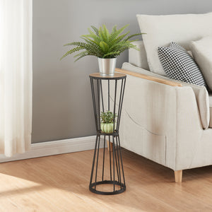 Étagère à plantes Fossbergom à 2 niveaux métal MDF 62 x 20 cm noir effet chêne [en.casa]