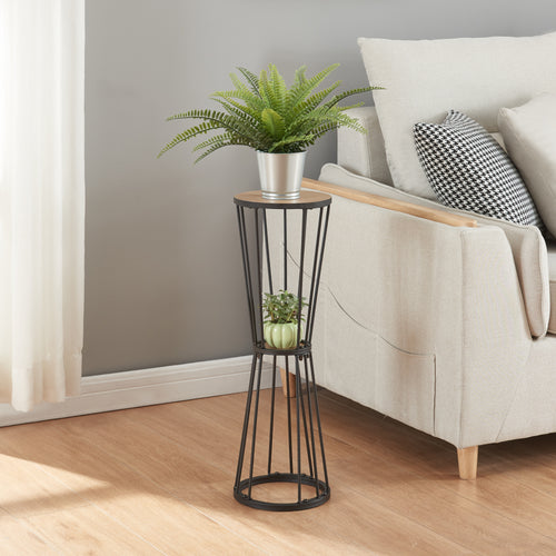 Étagère à plantes Fossbergom à 2 niveaux métal MDF 62 x 20 cm noir effet chêne [en.casa]