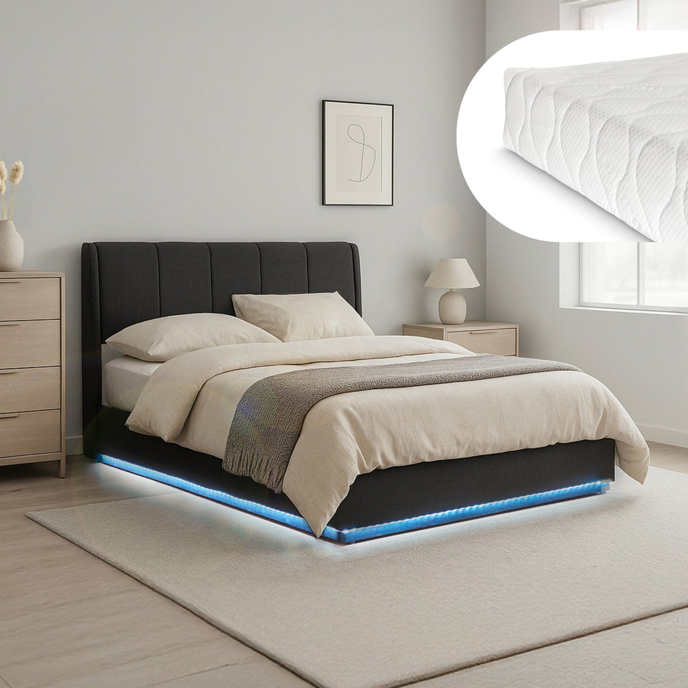 Lit double capitonné Tröstiar avec éclairage LED et matelas [en.casa]
