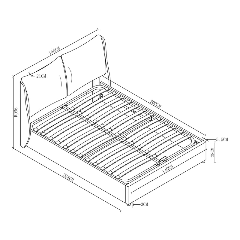 Croquis coté Lit double Lunner avec matelas à mousse froid [en.casa]