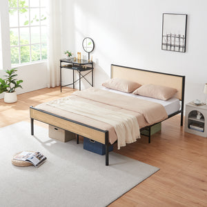 Lit en métal Linköping avec tête de lit rectangulaire et matelas noir / effet rotin [en.casa]