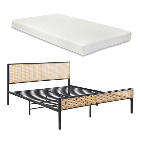 Lit en métal Linköping avec tête de lit rectangulaire et matelas noir / effet rotin [en.casa]