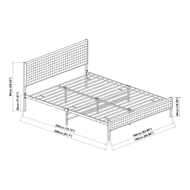 Croquis coté Lit en métal Linköping avec tête de lit rectangulaire et matelas noir / effet rotin [en.casa]