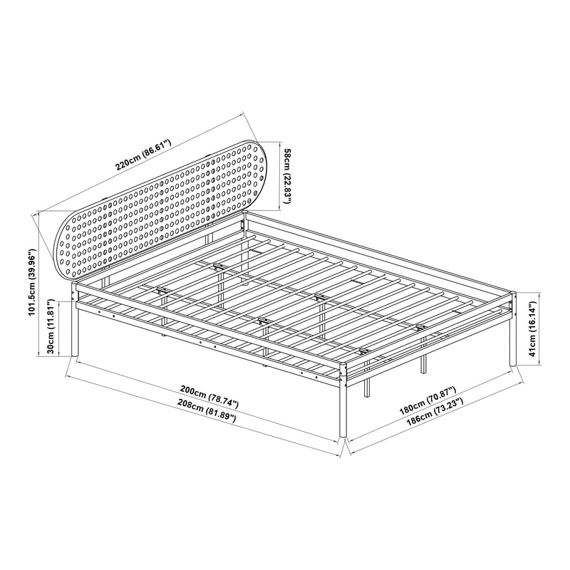Croquis coté Lit en métal Linköping avec tête de lit ovale et matelas noir / effet rotin [en.casa]