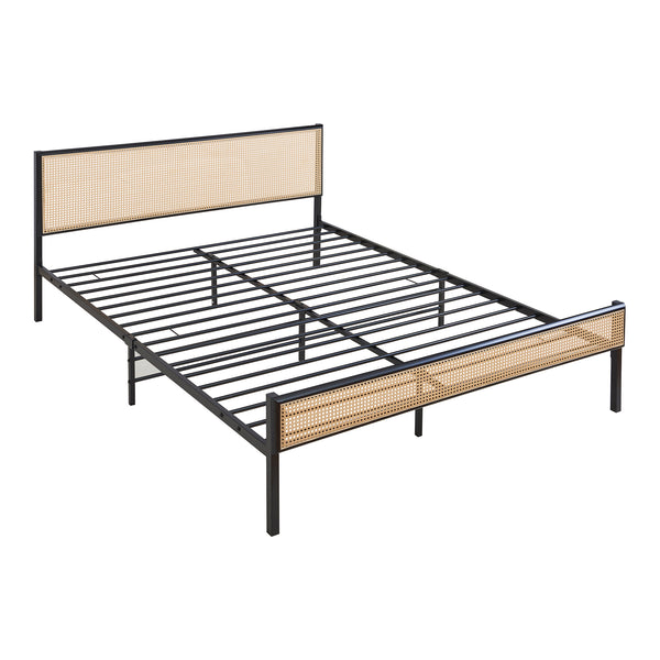 Lit en métal Linköping avec tête de lit rectangulaire et matelas noir / effet rotin [en.casa]