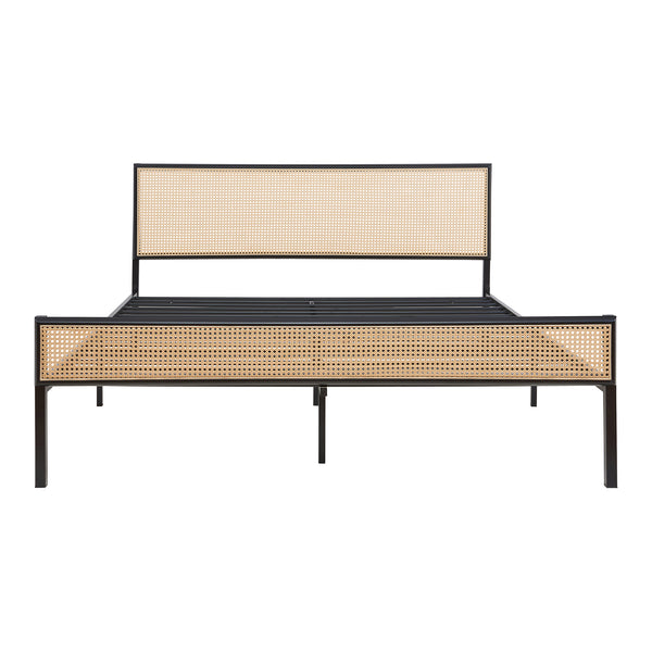 Lit en métal Linköping avec tête de lit rectangulaire et matelas noir / effet rotin [en.casa]