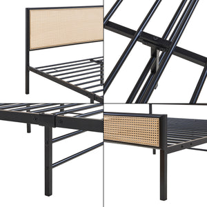 Lit en métal Linköping avec tête de lit rectangulaire et matelas noir / effet rotin [en.casa]