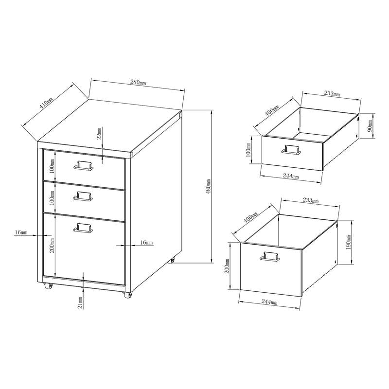 Croquis coté Caisson de bureau à roulettes Kökar acier 48 x 28 x 41 cm [en.casa]