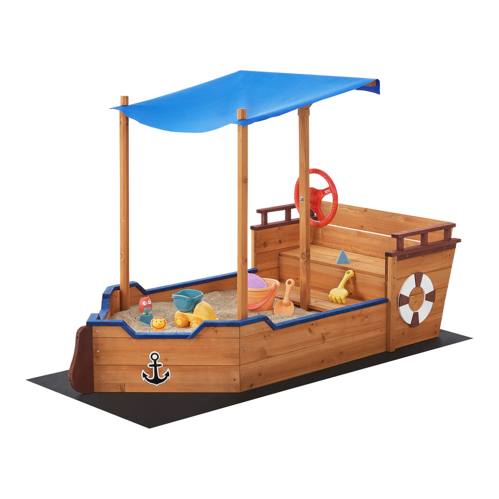 Bac à sable Grömitz de forme bâteau en bois avec banc rabattable et toit 103 x 160 x 78 cm [en.casa]