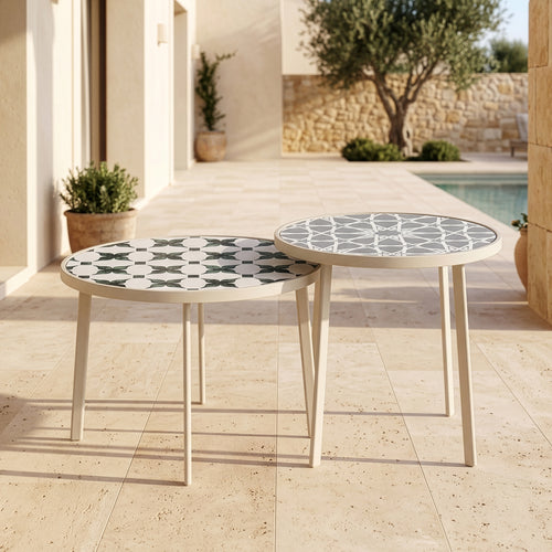 Table de salon d'extérieur Faeto 2 pcs. Plateau en verre Champagne [casa.pro]
