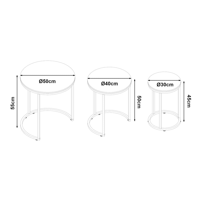 Croquis coté Set de 3 tables d'appoint Bornholm rondes gigognes [en.casa]