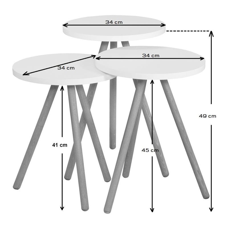 Croquis coté Set de 3 tables d'appoint Hjørring rondes trépied [en.casa]