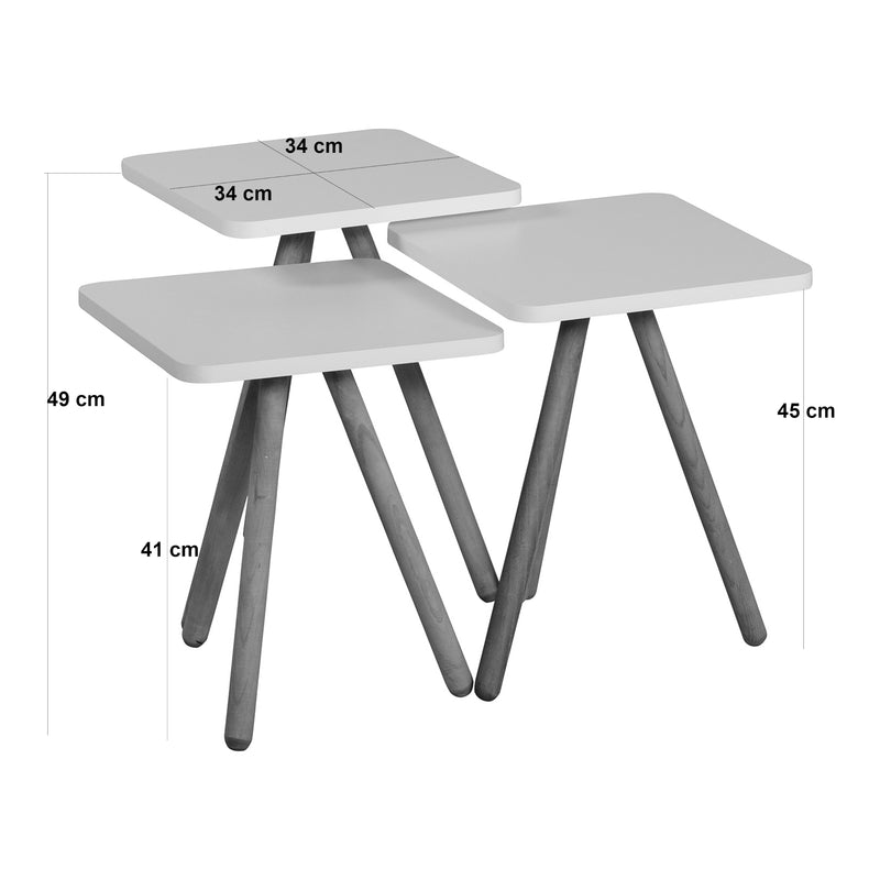 Croquis coté Set de 3 tables d'appoint Hobro carrées trépied [en.casa]
