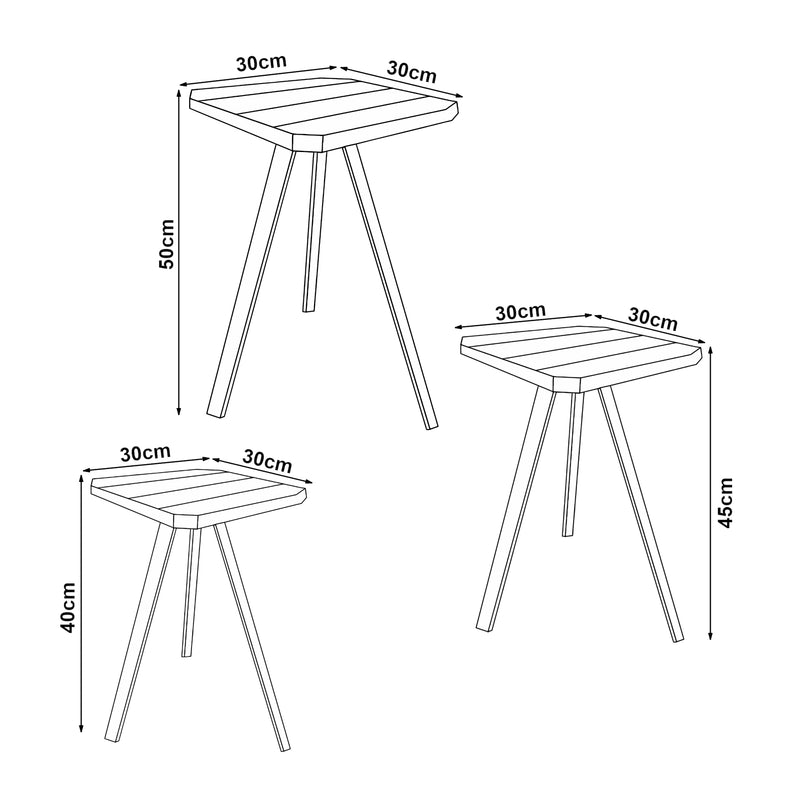 Croquis coté Lot de 3 tables basses gigognes Masku bois de pin 40 - 50 x 30 x 30 cm [en.casa]