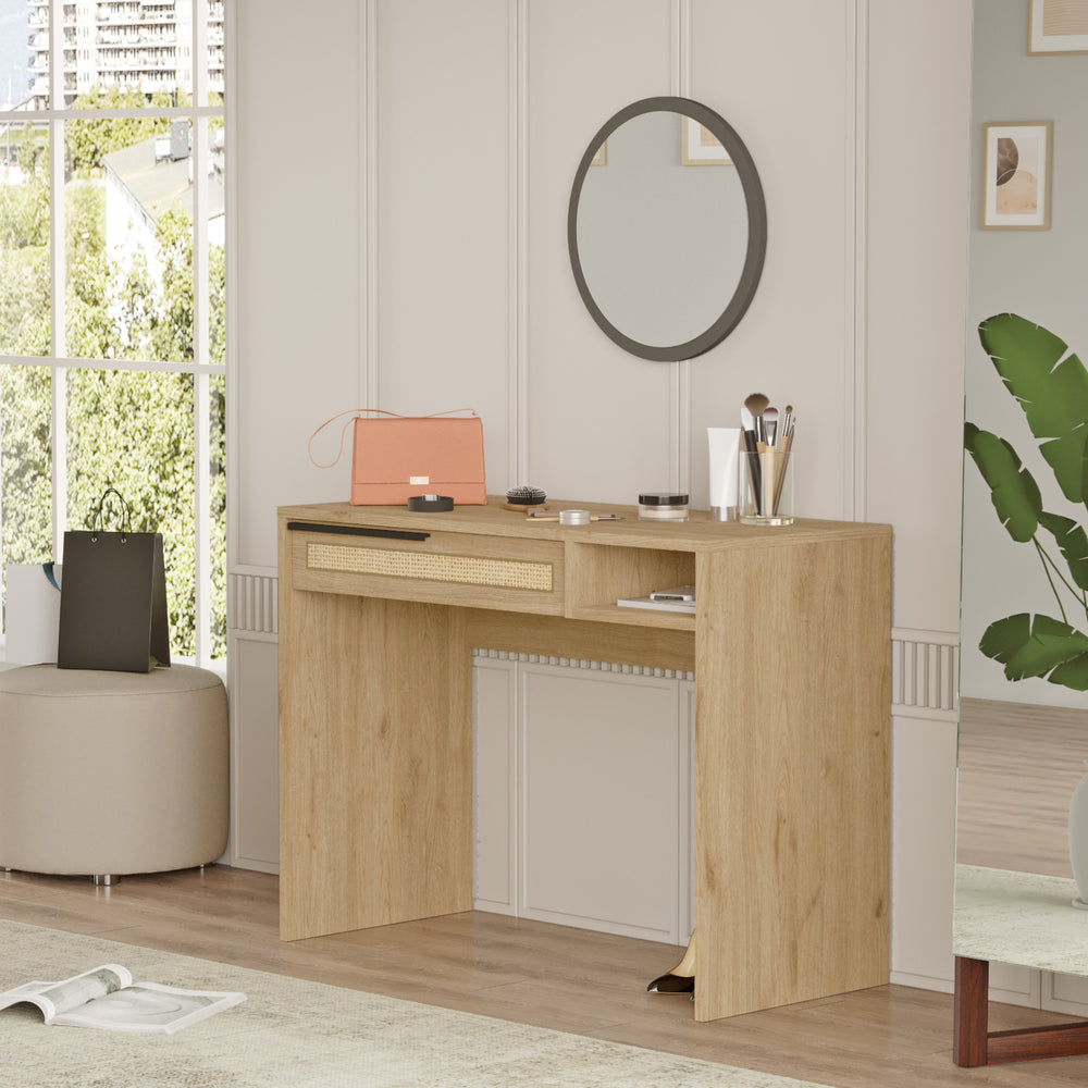 Schminktisch Kvænangen 100x45x75 cm Eiche/Rattanoptik [en.casa] - premiumXL