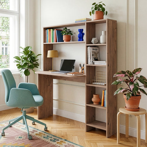 Bureau Onega avec étagère intégrée 143 x 114 x 40 cm effet bois [en.casa]