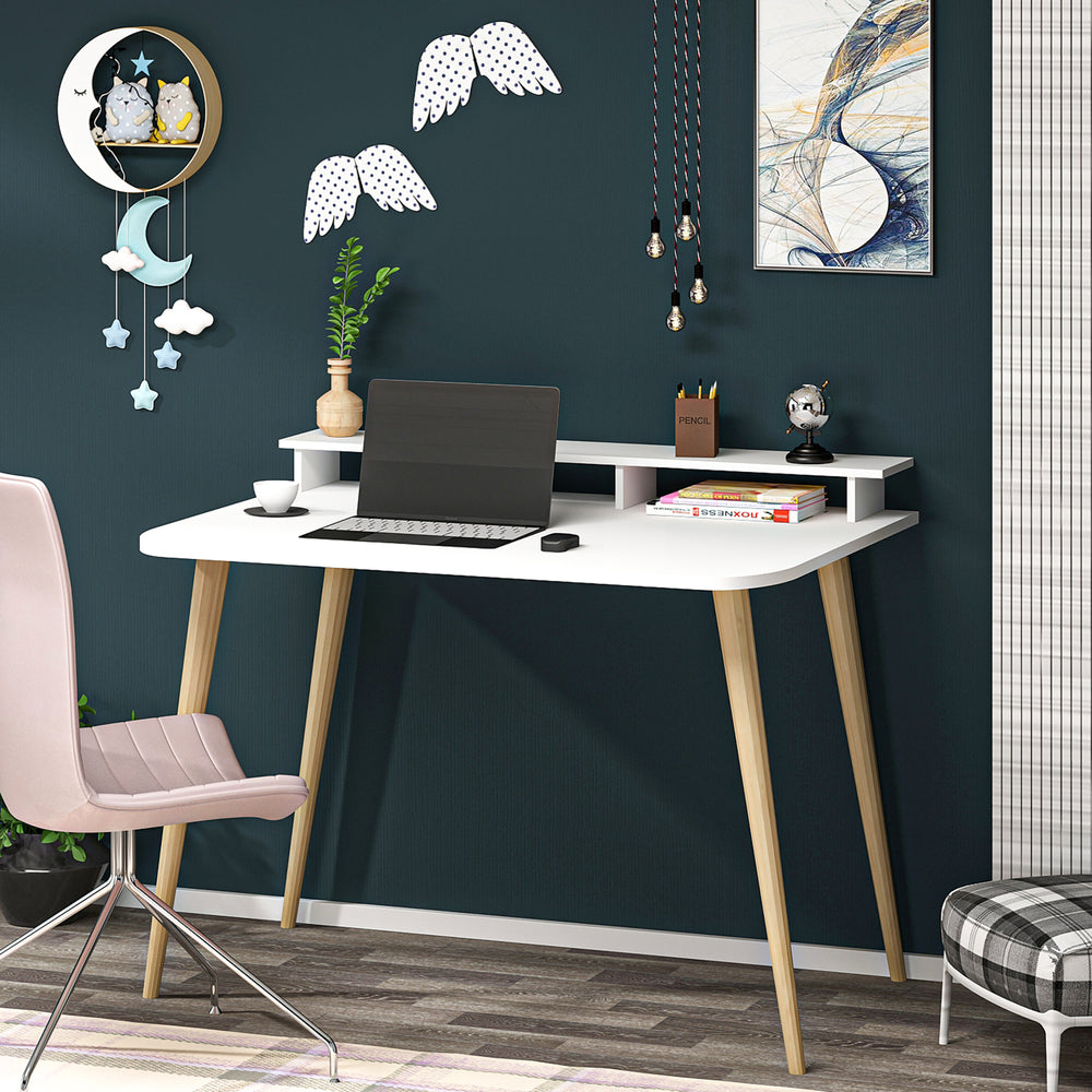 Bureau Östhammar avec réhausseur d'écran 73,8 x 90 x 60 cm blanc / naturel [en.casa]