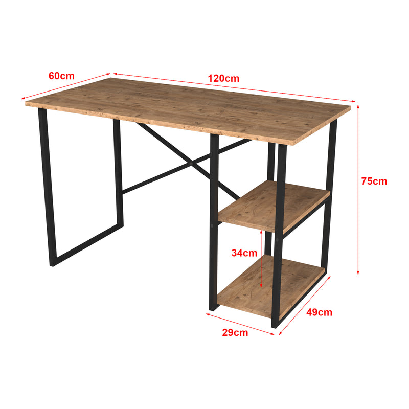 Croquis coté Bureau Nittedal avec étagère intégrée à 2 niveaux 75 x 120 x 60 cm [en.casa]