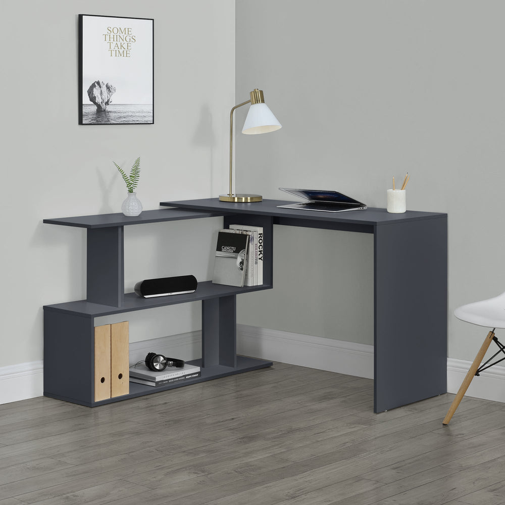 Bureau Arendal avec étagère en L - forme gris foncé/blanc en.casa - premiumXL