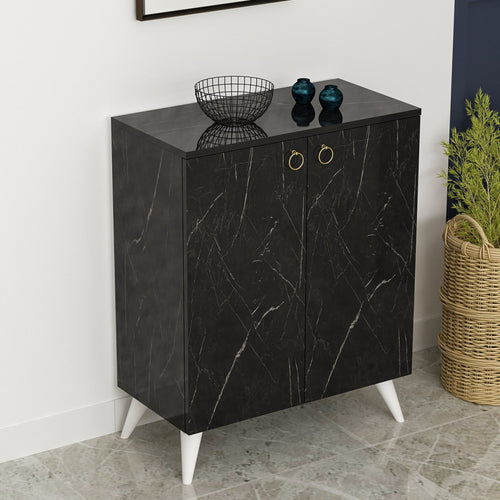 Meuble à chaussures Gjern à 4 niveaux avec 2 portes 91 x 72 x 37 cm marbre noir / blanc [en.casa]