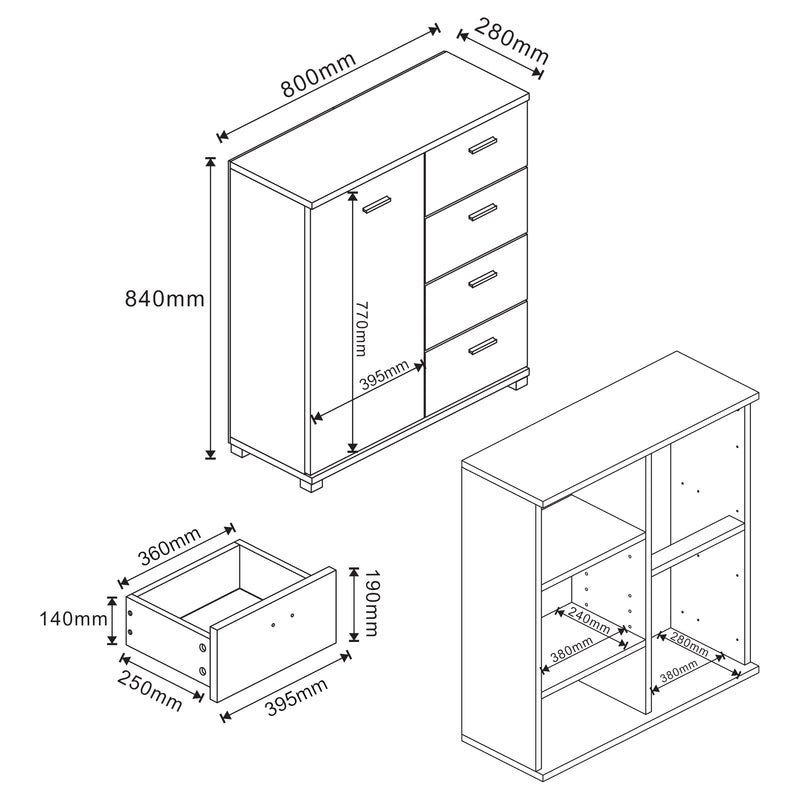 Croquis coté Commode Döbritz 84 x 80 x 28 cm [en.casa]