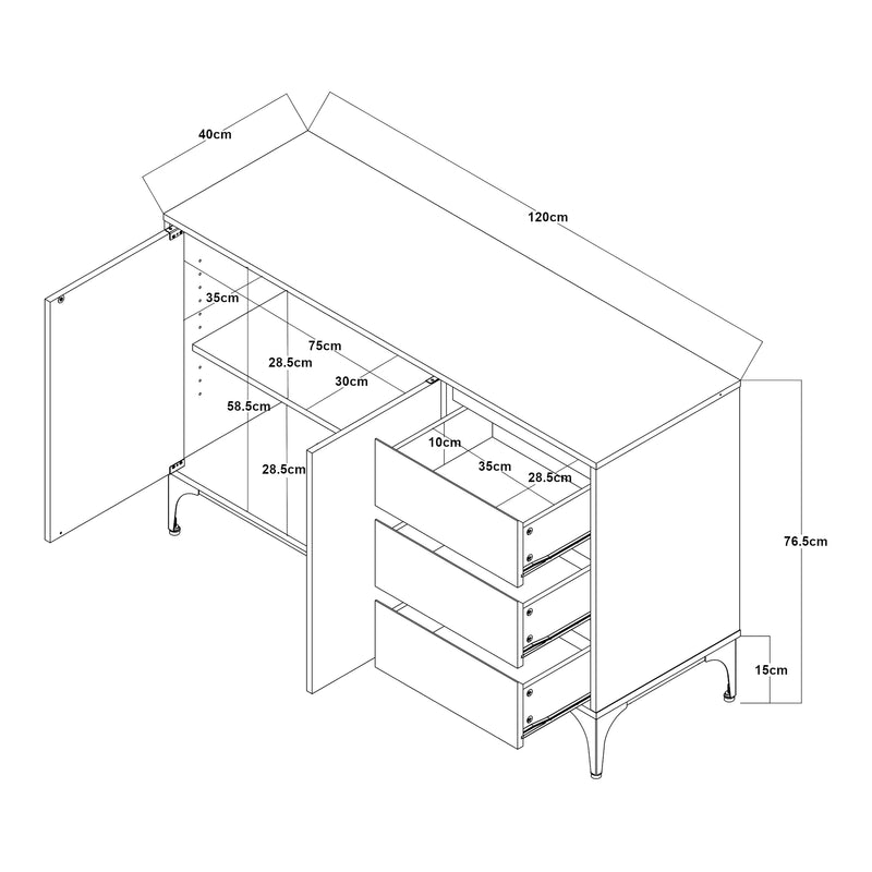 Croquis coté Buffet Kistiandi 77 x 120 x 40 cm [en.casa] 
