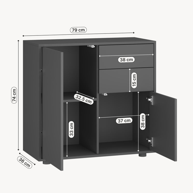 Croquis coté Commode Paarl 74 x 79 x 36 cm avec 2 portes [en.casa]