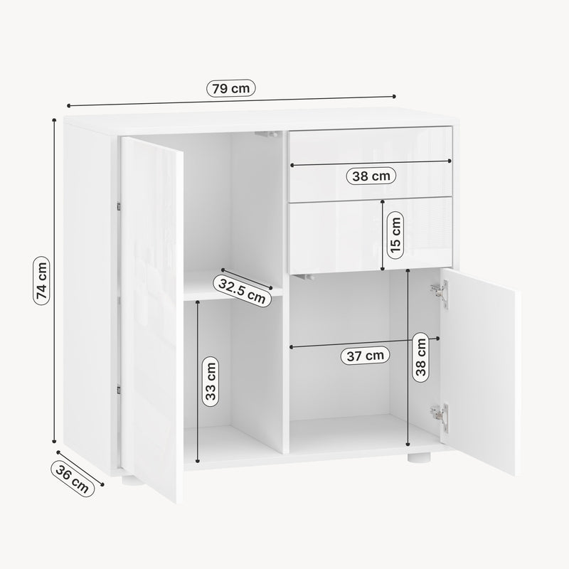 Croquis coté Commode Paarl 74 x 79 x 36 cm avec 2 portes [en.casa]