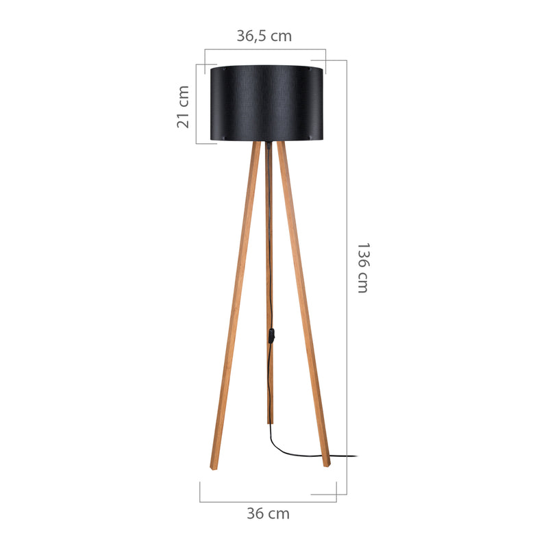 Croquis coté Lampadaire Keynes trépied hauteur 136 cm E27 [lux.pro]