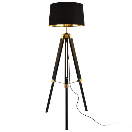 Lampadaire Trépied Karlsbad Métal Tissu Douille E27 Luminaire Intérieur 145 cm Noir Laiton [lux.pro]