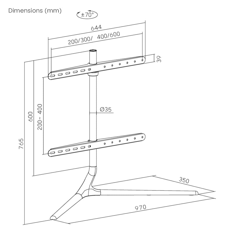 Croquis coté Support TV Ystad noir effet bois pro.tec