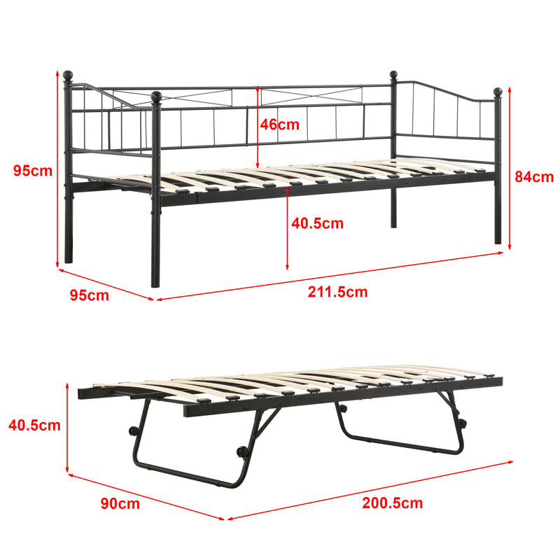 Croquis coté Lit gigogne métal Skutskär 2 places avec matelas en mousse froide [en.casa] [neu.haus]