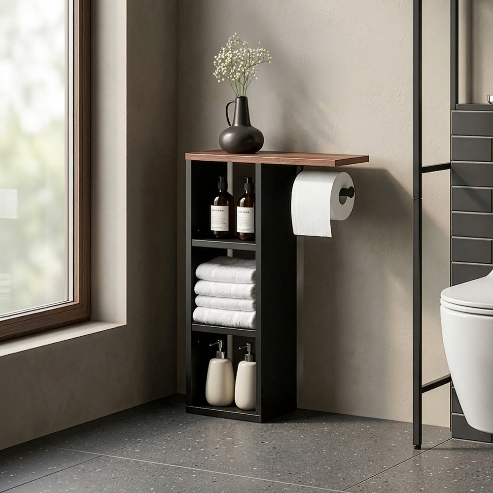 Porte-papier toilette Trond avec 3 compartiments 60 x 40 x 16 cm noir effet noyer [en.casa]