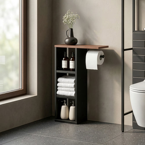 Porte-papier toilette Trond avec 3 compartiments 60 x 40 x 16 cm noir effet noyer [en.casa]