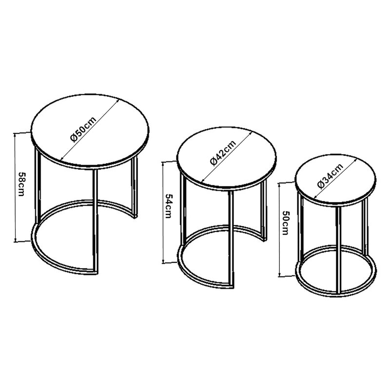 Croquis coté Set de 3 tables d'appoint Kyyjärvi rondes gigognes [en.casa]