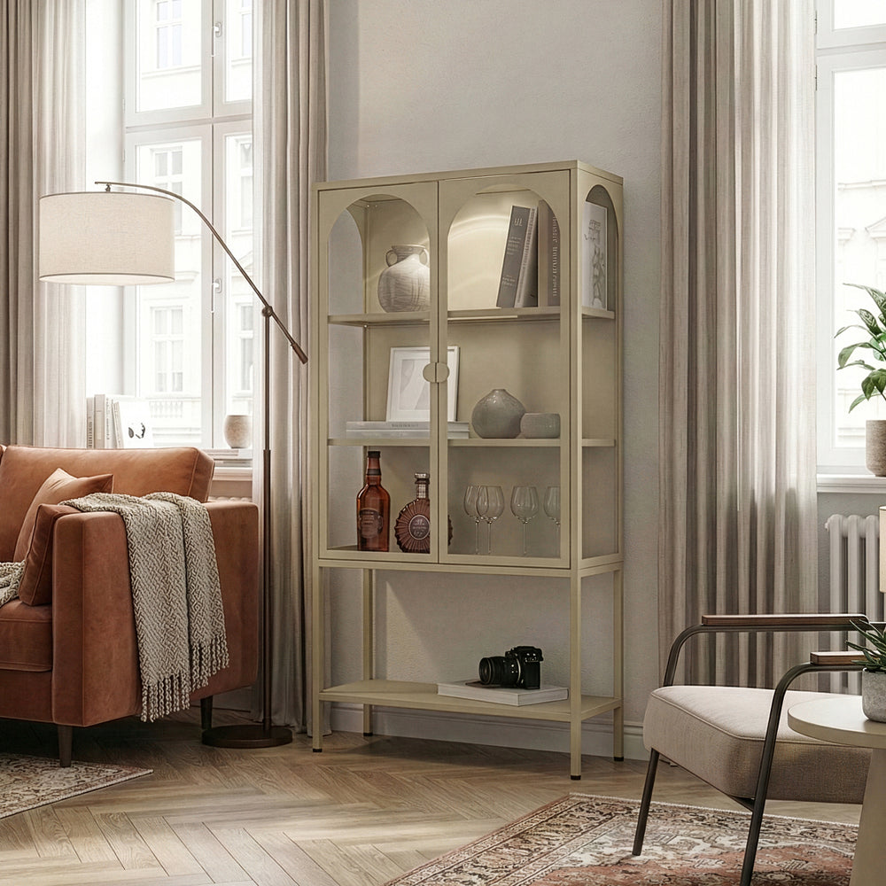 Armoire vitrine Klippestad acier verre trempé 160 x 80 x 35 cm camel [en.casa]