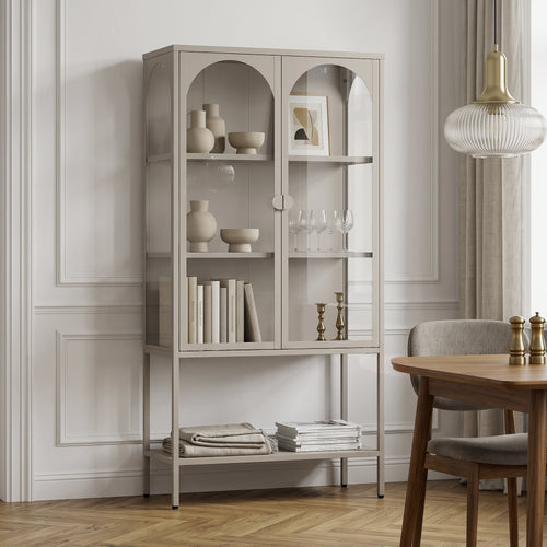 Armoire vitrine Klippestad acier verre trempé 160 x 80 x 35 cm gris chaud [en.casa]