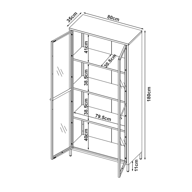 Croquis coté Armoire vitrée Säkylä acier verre [en.casa]

