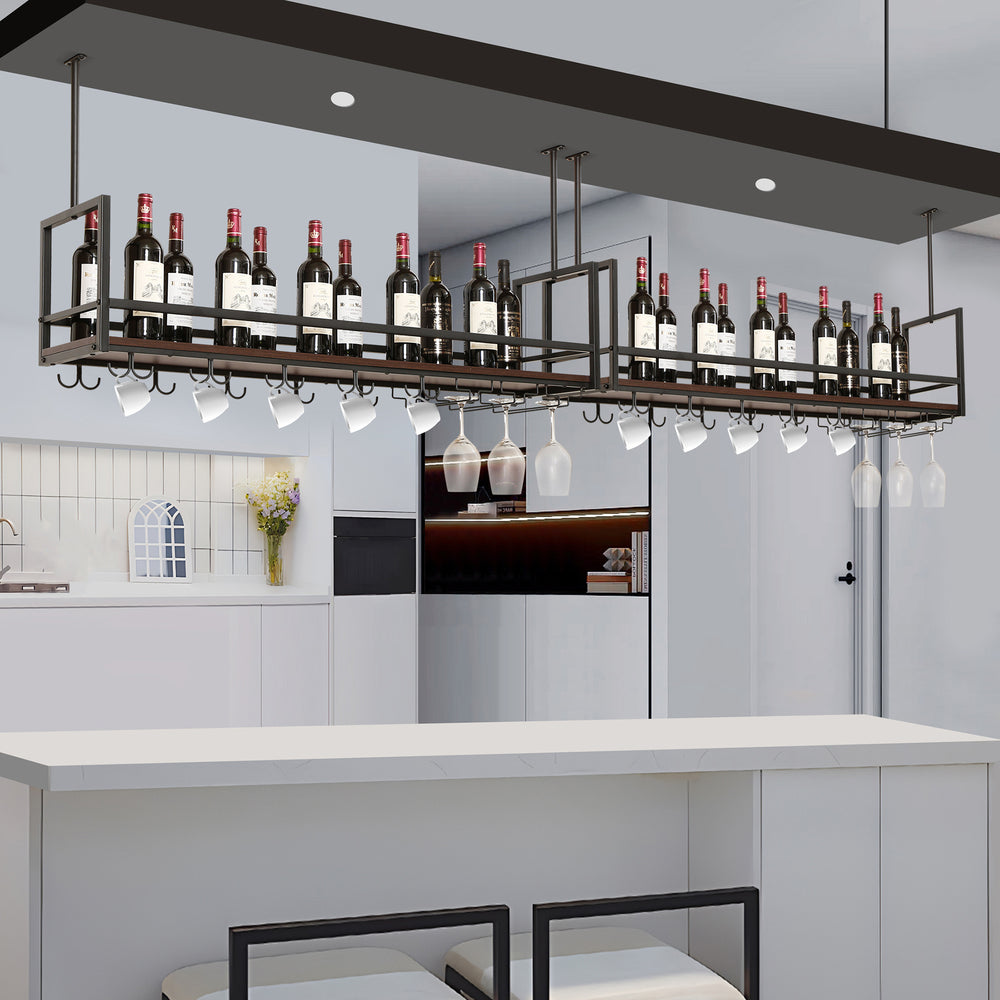 Casier à vin suspendu Borejle métal noir effet noyer [en.casa] 